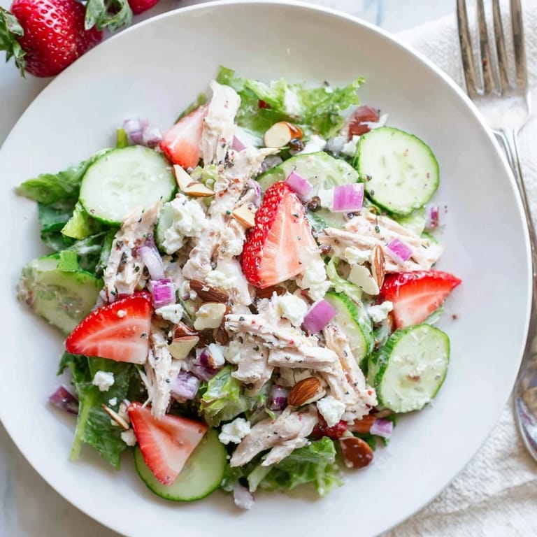 Vibrant bowl of Strawberry Poppy Seed Chicken Salad featuring juicy berries, crunchy cucumbers, and a sweet-tangy homemade poppy seed yogurt dressing.