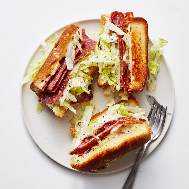 Close-up of an Italian Sub Grilled Cheese, revealing layers of meats and melted cheese inside.