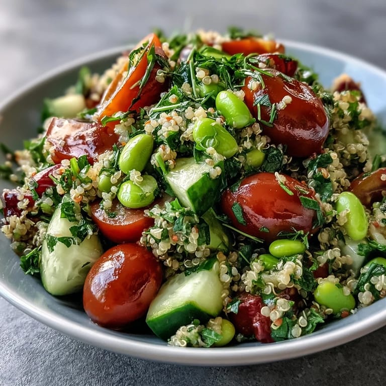 Vibrant green Edamame and Quinoa Salad ready to be served chilled, a healthy meal.