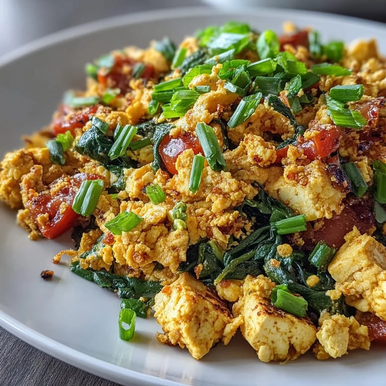 Golden, seasoned tofu scramble served hot on a white plate, garnished with fresh chives, alongside a slice of toast and avocado for a hearty vegan breakfast.