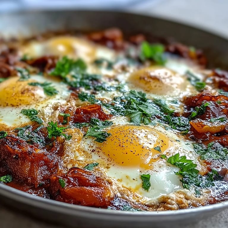 Savory shakshuka adorned with fresh herbs and crumbled feta sits ready to eat.