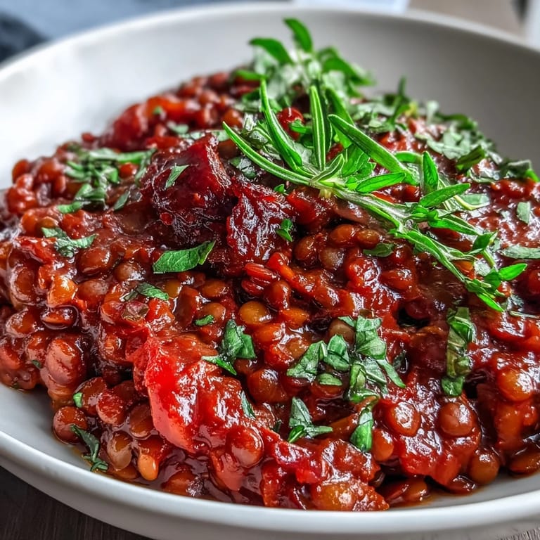 Fresh basil garnish crowns a steaming bowl of lentil bolognese served over spaghetti.  