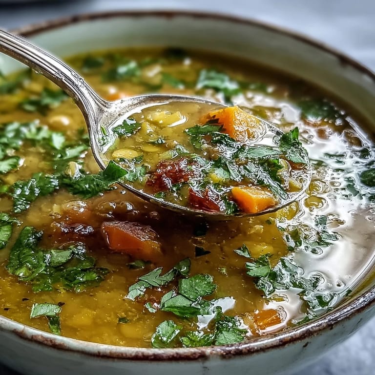 A ladle serving warm Mung Bean Soup into a rustic bowl, highlighting tender mung beans and diced carrots.