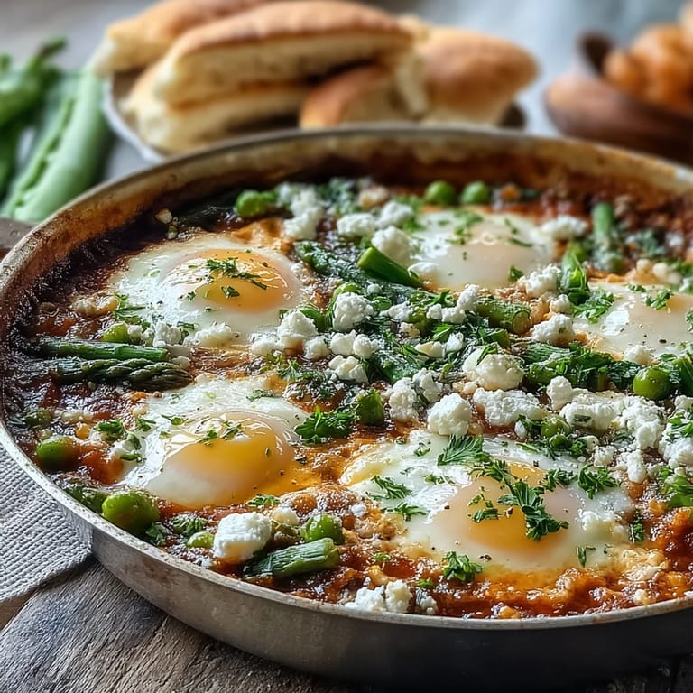 Sunny Pea and Broad Bean Shakshuka served in a skillet, featuring runny-yolk eggs and asparagus alongside crusty bread.