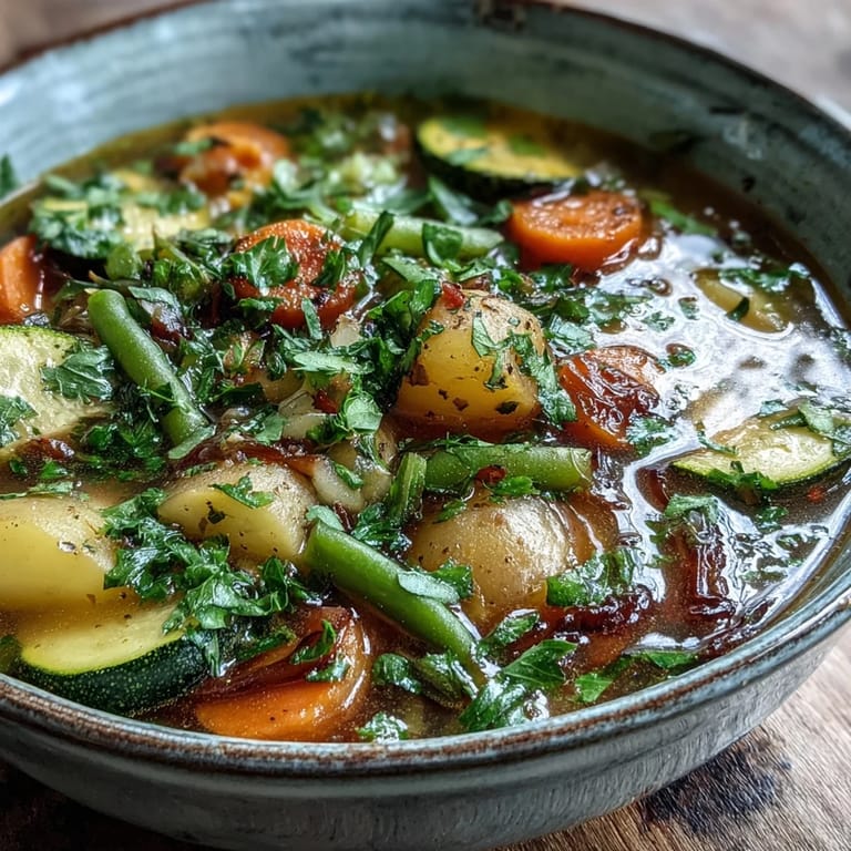 Steaming ladle of Potato and Vegetable Soup lifted from a large pot, revealing tender potatoes, carrots, and peas in broth.