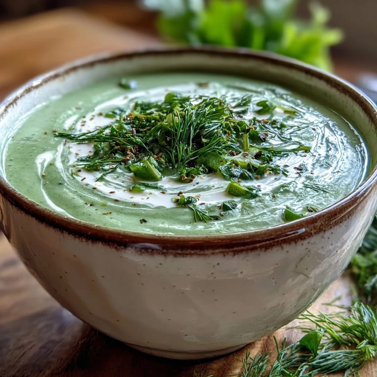 A smooth, pale green Creamy Celery and Herb Soup is served with a slice of crusty bread for dipping.