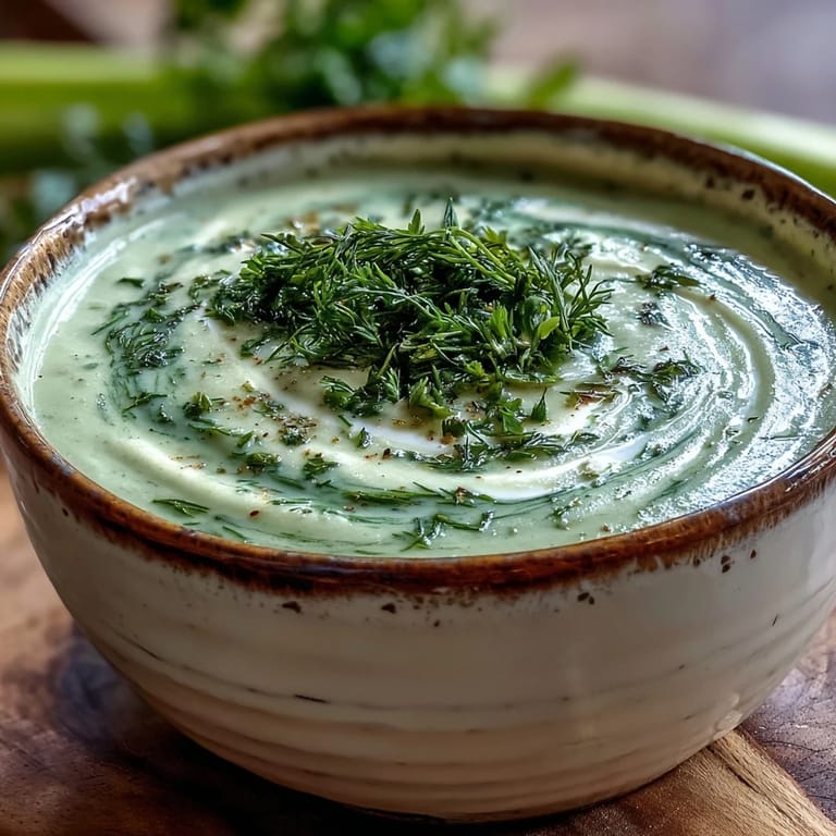 The vibrant green Creamy Celery and Herb Soup swirls with rich cream and chopped chives, steaming hot.