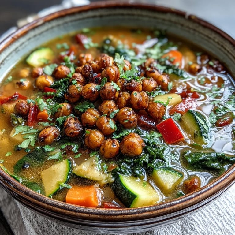 A steaming pot of Spiced Chickpea and Vegetable Soup with colorful carrots, celery, and red bell pepper on a rustic table.