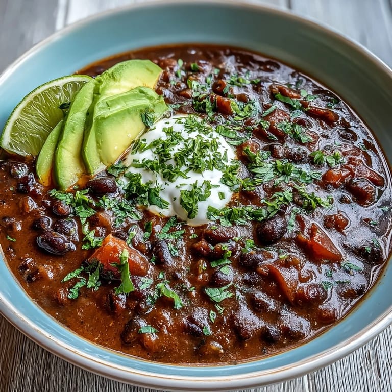 A steaming bowl of black bean soup topped with sour cream, diced red onion, and cilantro garnish.