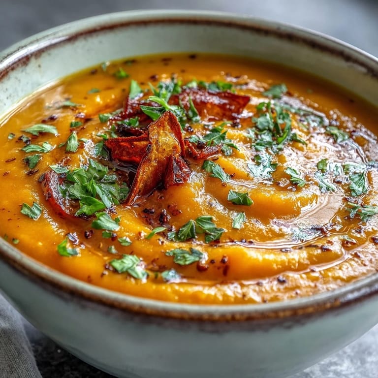 Silky smooth Roasted Vegetable Soup is poured into a rustic bowl, garnished with fresh parsley and a drizzle of extra virgin olive oil. 