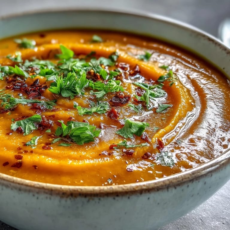 Roasted Vegetable Soup topped with crunchy toasted seeds and croutons, served steaming hot alongside crusty bread on a linen napkin.