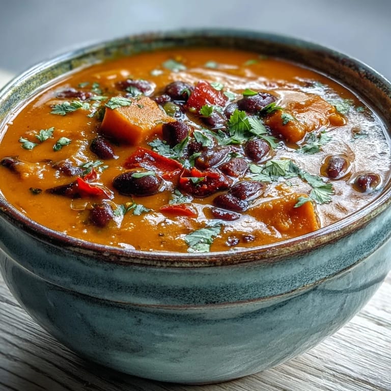 A large pot of Sweet Potato and Black Bean Soup simmering with diced vegetables, ready to be served hot.