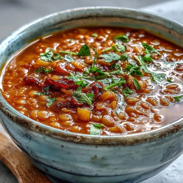 Steam rises from a pot of Tomato Lentil Soup, highlighting its rich red broth and tender lentils in a cozy kitchen.