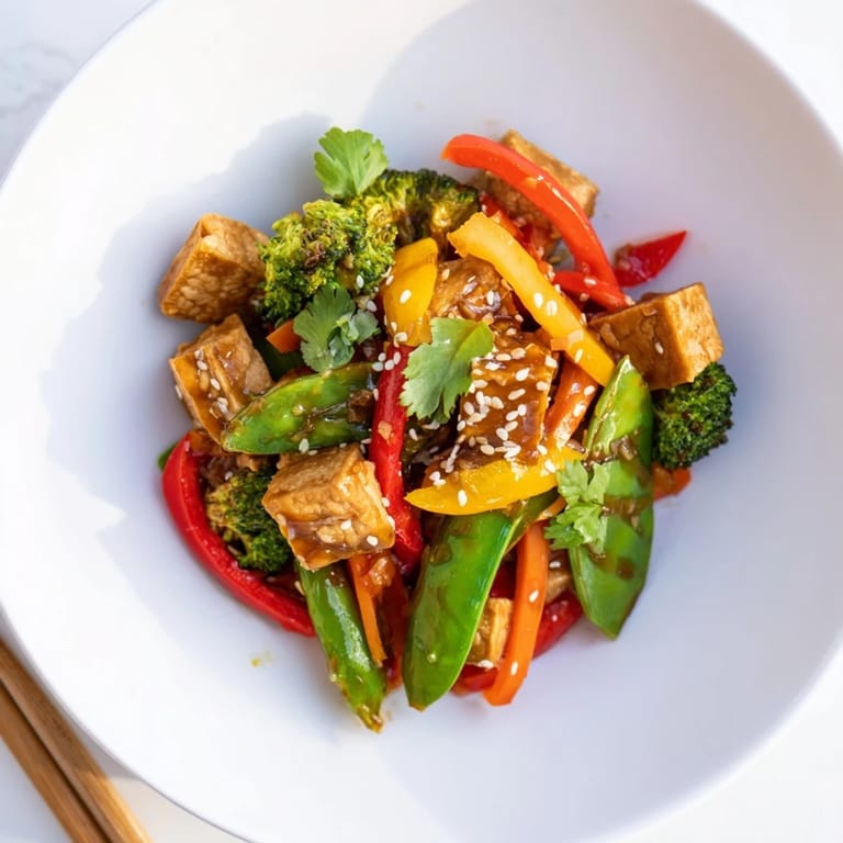 Close up on a plate of Vegetable Tempeh Stir-Fry, sesame seeds garnish the dish, ready to be served with steamed rice.