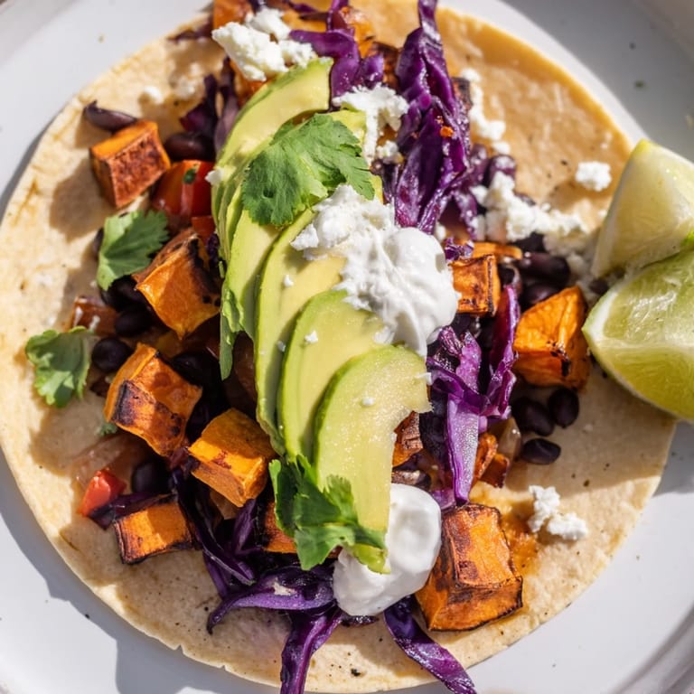 Colorful vegan tacos featuring spiced roasted sweet potatoes, black beans, avocado, shredded red cabbage, and fresh cilantro on warm corn tortillas.  