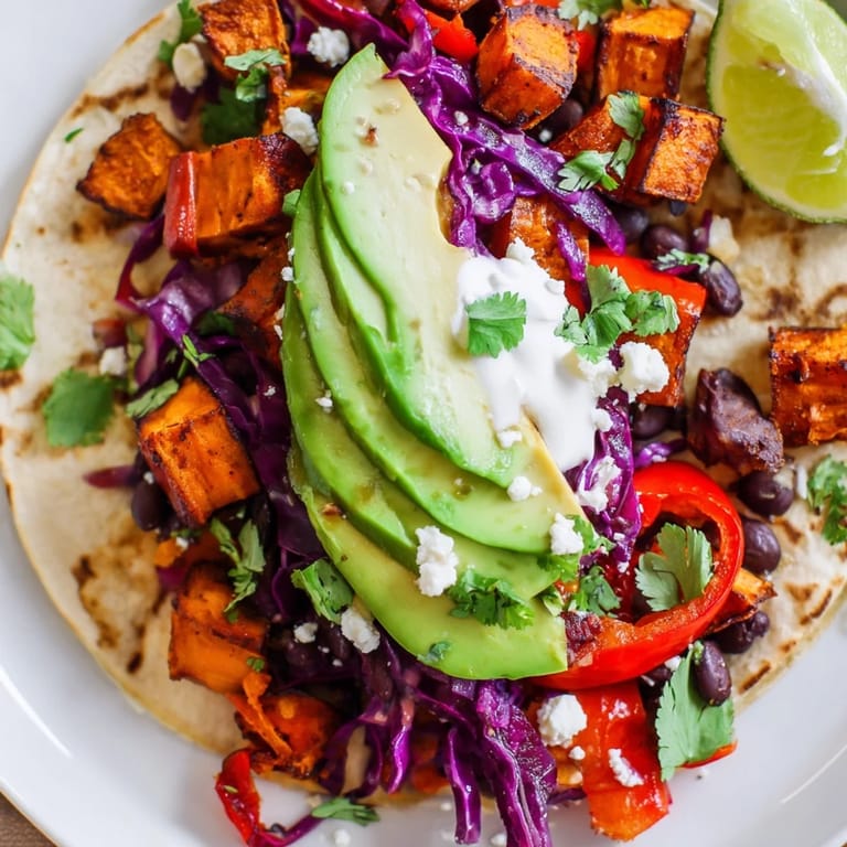 Golden sweet potato and black bean tacos with avocado, red cabbage, and cilantro, served with lime wedges on a rustic table.