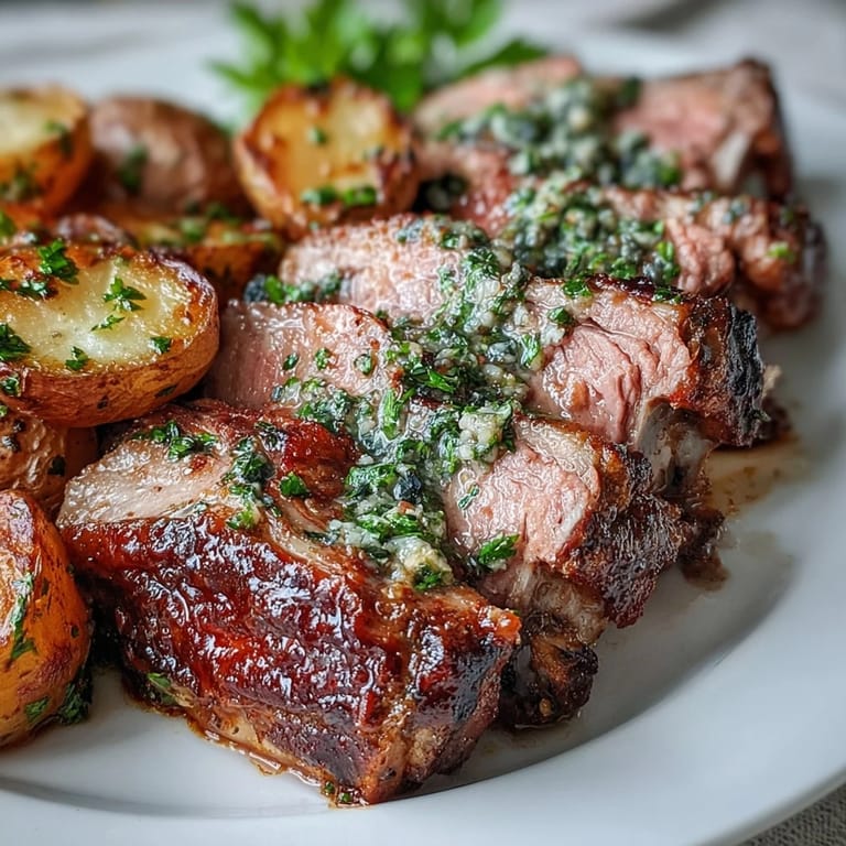 Succulent One-Pan Roast Rack of Lamb sliced to show pink meat, served with golden potatoes and a bright green olive mix.