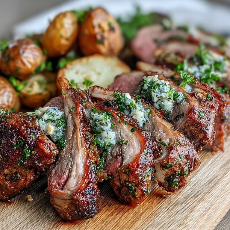 Freshly roasted One-Pan Roast Rack of Lamb and Green Olive Potatoes plated for two, garnished with lemon zest and rosemary sprigs.