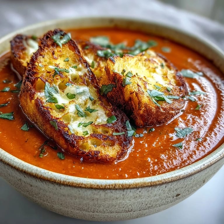 Homemade roasted red pepper soup with silky texture and crunchy croutons, ready to serve for a vegetarian meal.