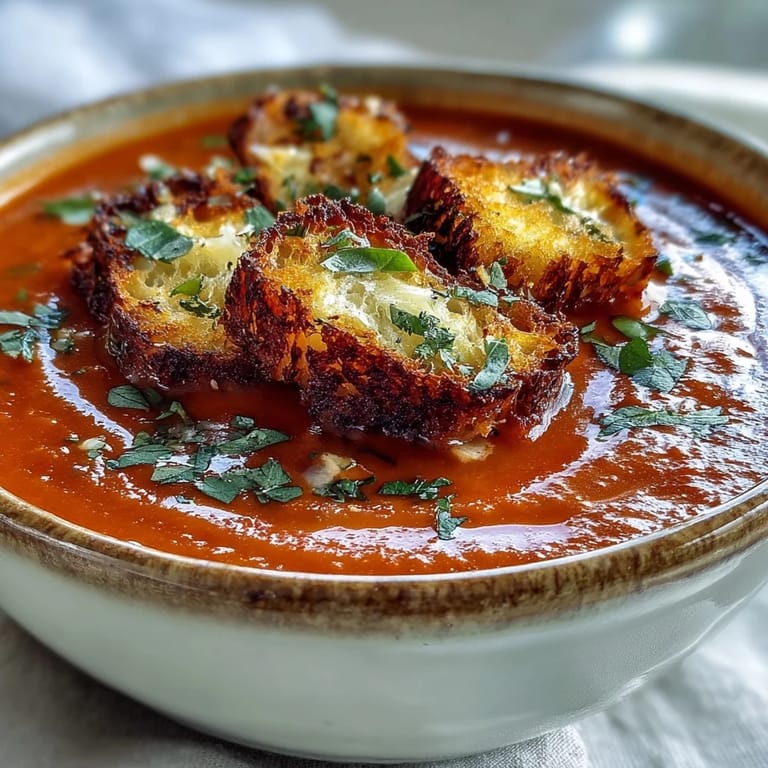 A bowl of vibrant roasted red pepper soup with crispy croutons, perfect for an easy Mediterranean dinner. 