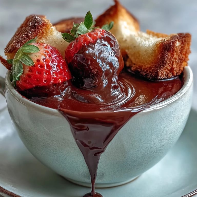 Spoon dipping into Boozy Chocolate Fondue served with pretzel sticks and sparkling wine for a party.