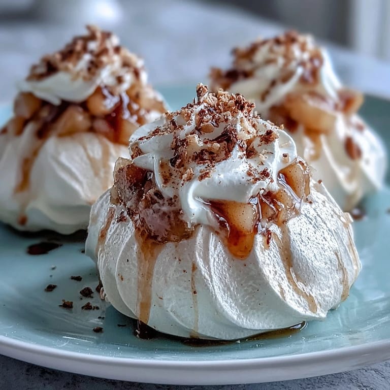 Delicate Mini Hot Toddy Pavlovas with spiced pears and whisky syrup, garnished with cinnamon for a festive finish.