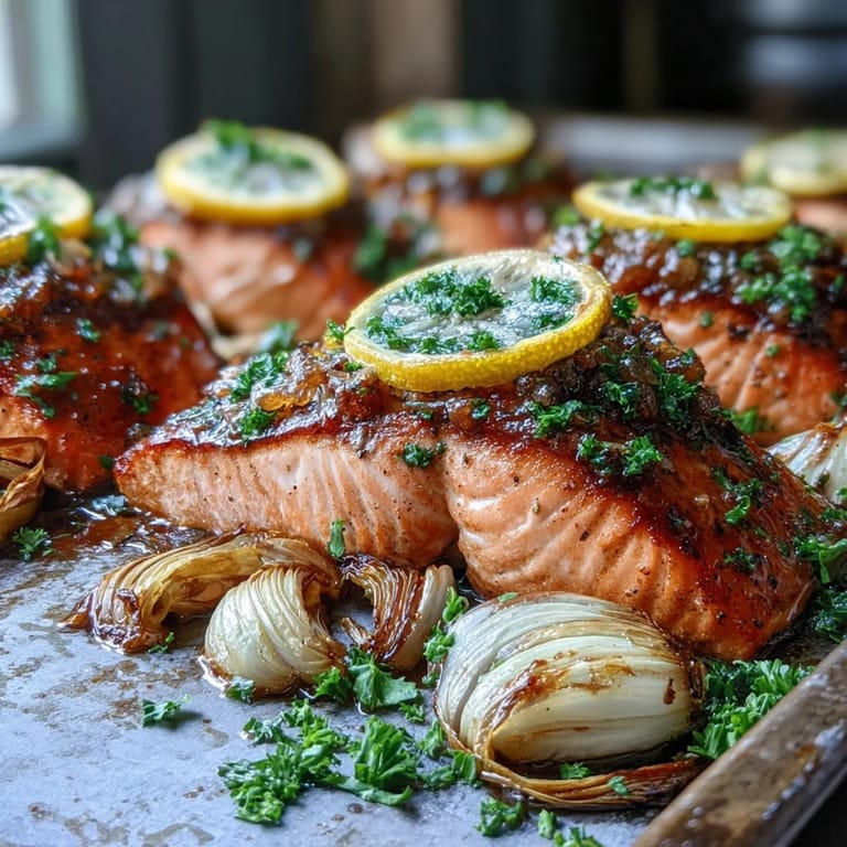 Vibrant One-Pan Roast Salmon With Leeks, Onions, and Parsley Dressing topped with zesty green sauce.