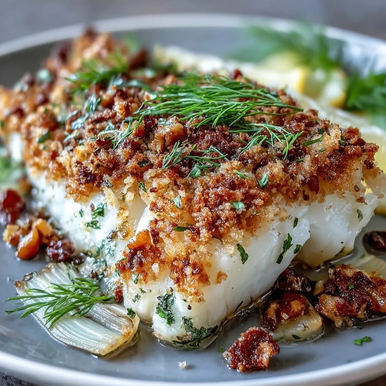 Tender Baked Halibut with Fennel, lemon zest, and walnut pangrattato, served with a green salad.