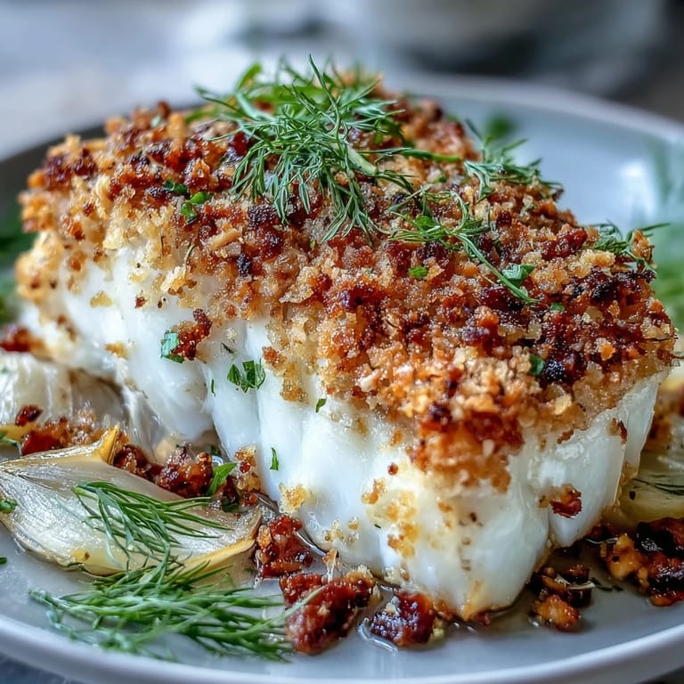 Flaky Baked Halibut with Fennel from the oven, featuring a vibrant lemon and walnut topping.