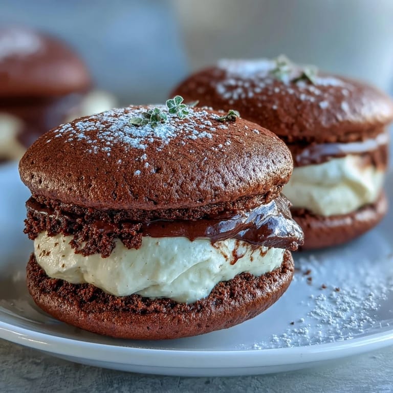 Tiramisu Whoopie Pies are dusted with cocoa powder, ready to be served.