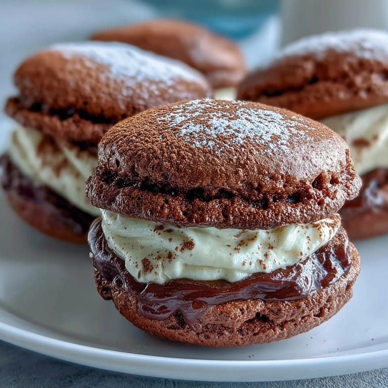 Homemade Tiramisu Whoopie Pies feature rich espresso filling sandwiched between chocolate cake-like cookies.