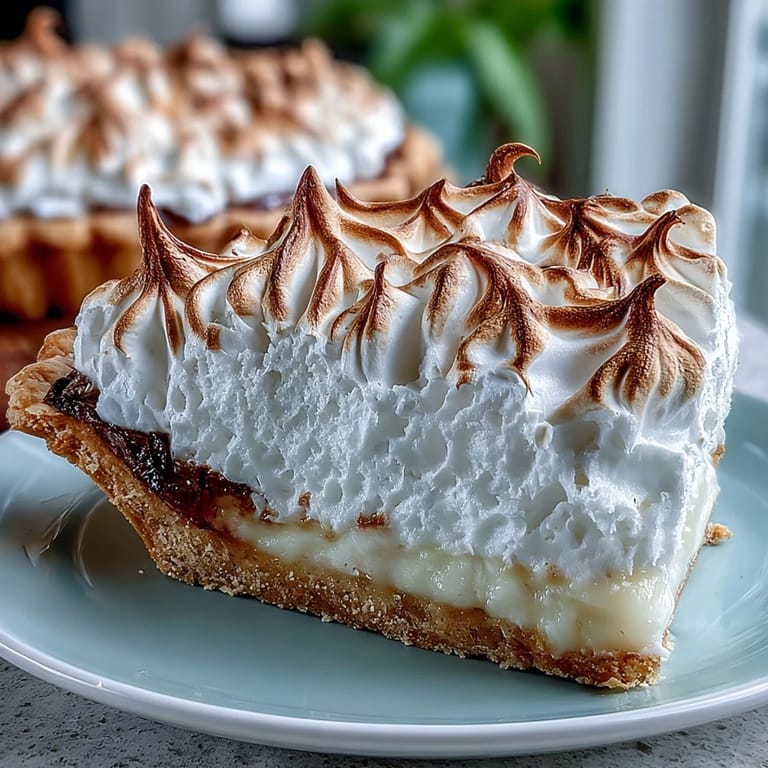 Freshly baked Lemon Meringue Pie with a crisp golden crust and tall, toasted meringue topping, ready to serve on a wooden table.