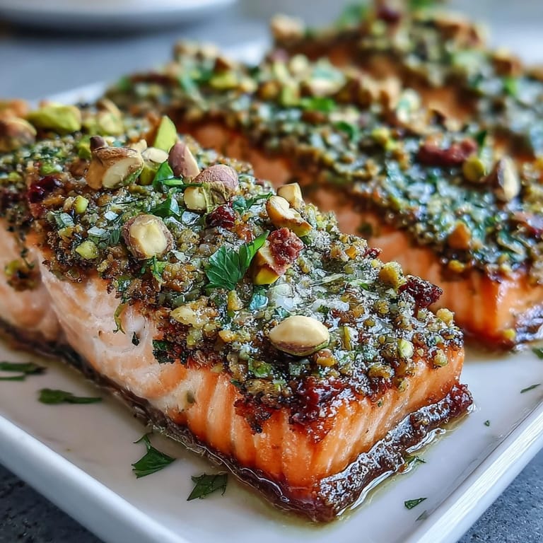 A close-up of Confit Salmon With Tahini, Pistachio and Herb Crust, its textured crust dotted with chopped pistachios and fresh herbs.