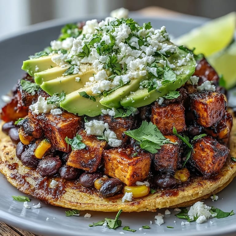 Warm Black Bean and Sweet Potato Tostadas with fresh cilantro and corn.