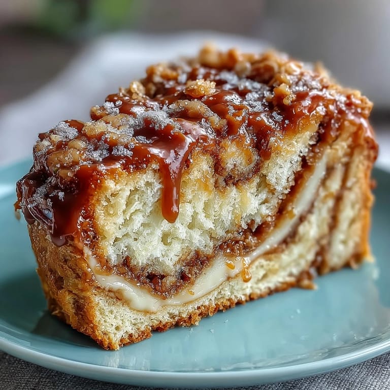 A close-up slice of Caramel Cream Cheese Bread reveals a rich cream cheese center and glossy caramel drizzle on a white plate.