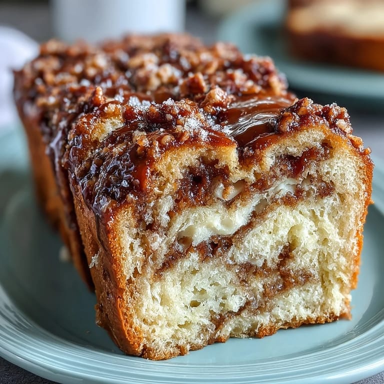 Freshly baked Caramel Cream Cheese Bread is served warm beside a cup of coffee for a cozy breakfast or dessert treat.