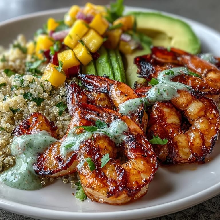 Colorful bowls hold tender grilled shrimp, ripe avocado, and chunky mango salsa over quinoa, finished with a cool, spicy lime chili drizzle.