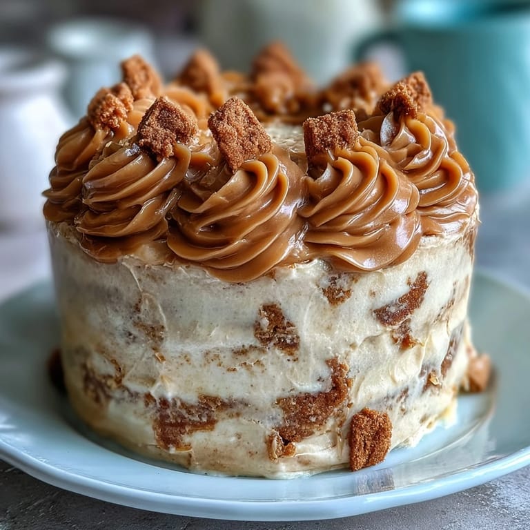 Decadent Baked Biscoff Cake slices served on white plates with coffee, highlighting the smooth, nutty caramel frosting and crunchy cookie garnish.