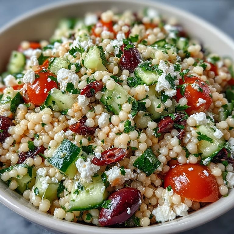 Zesty Mediterranean Pearl Couscous with crunchy veggies and briny kalamata olives, ready to serve for lunch.
