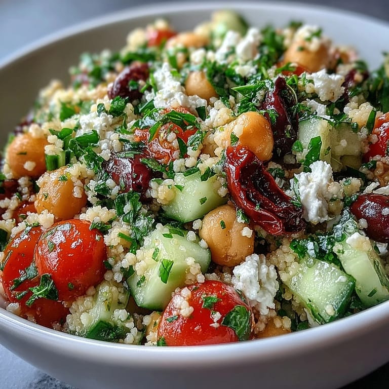 Bowl of fresh Mediterranean Pearl Couscous featuring toasted couscous, cherry tomatoes, and a vibrant oregano vinaigrette.
