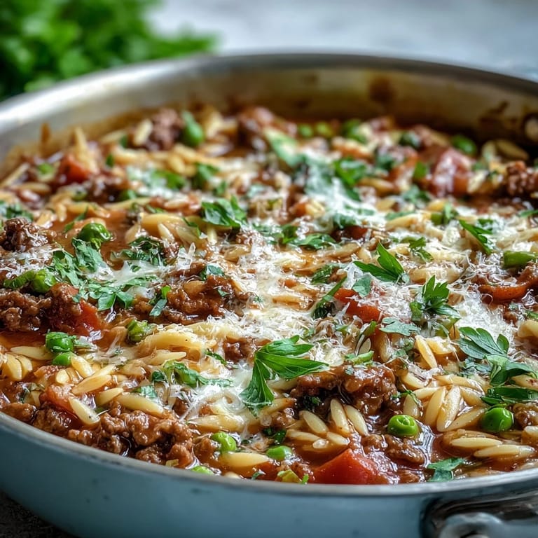 Golden-brown ground beef and orzo pasta tossed with sweet peas and rich tomato sauce.