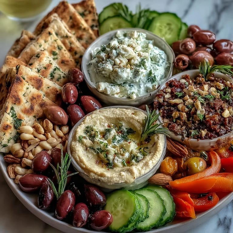 Close-up on tangy tzatziki beside a Mediterranean Brunch Board with Dips and Flatbreads, garnished with parsley and olive oil.