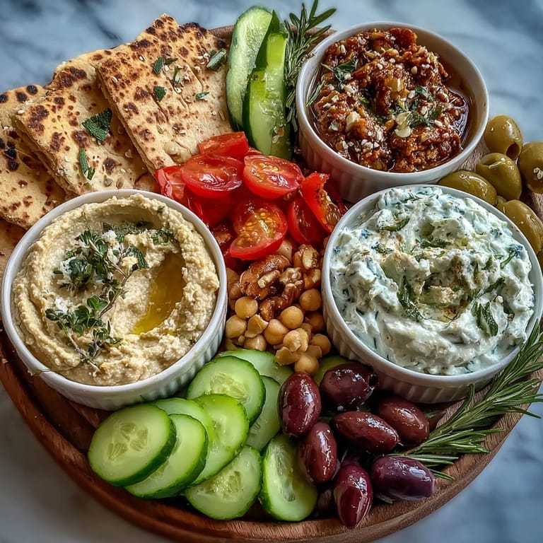 An overhead view of a Mediterranean Brunch Board with Dips and Flatbreads, featuring feta, olives, and warm pita strips.