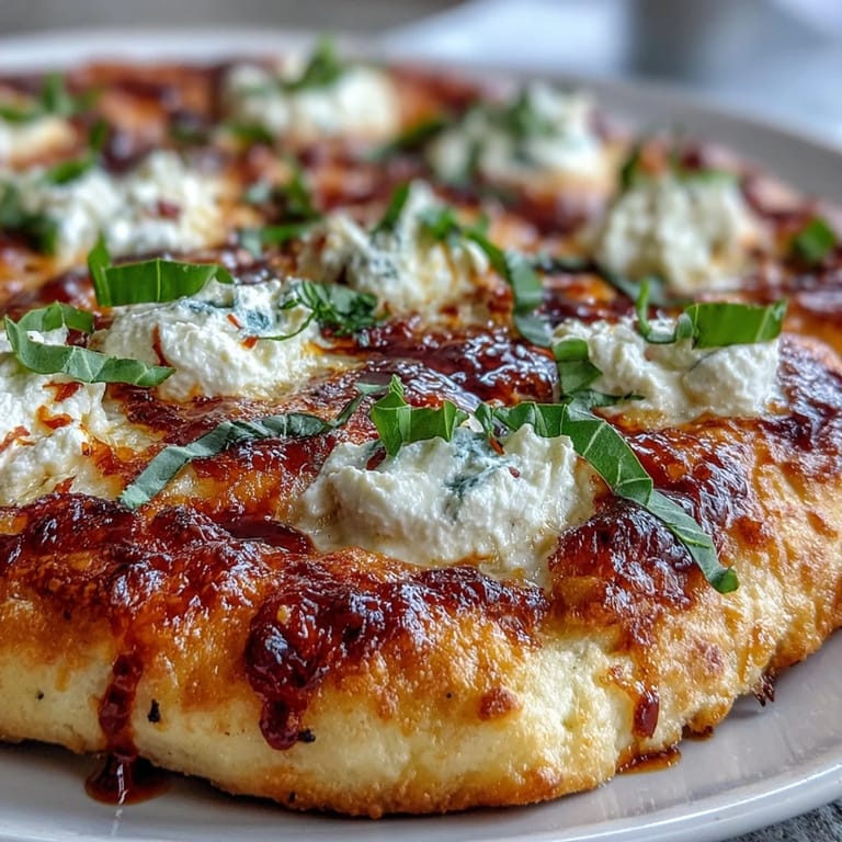 A close-up of Hot Honey Ricotta Pizza on a wooden peel, featuring melted cheese and a spicy honey drizzle.
