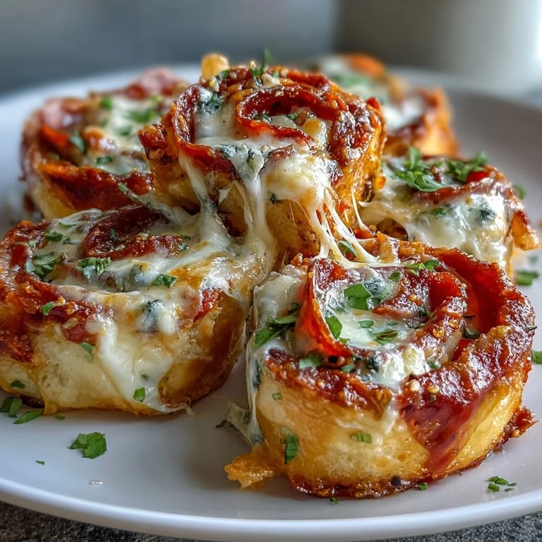 Sliced Tortilla Pizza Rolls display a gooey cheese pull, served warm with a side of marinara dipping sauce.