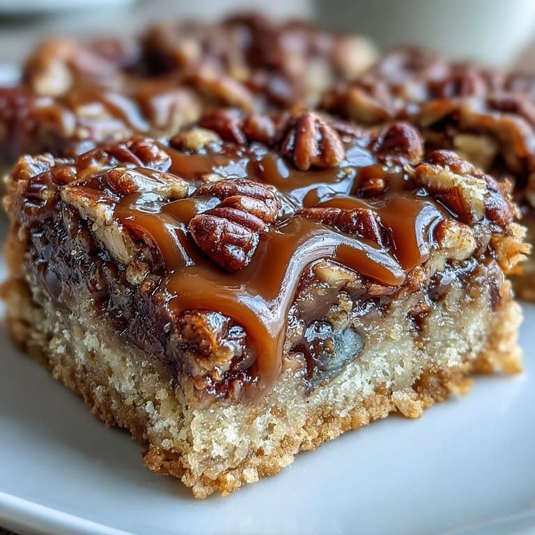 Serving suggestion for Decadent Sweet and Chewy Turtle Bars with Chocolate and Caramel on a dessert plate, drizzled with extra chocolate and sea salt.