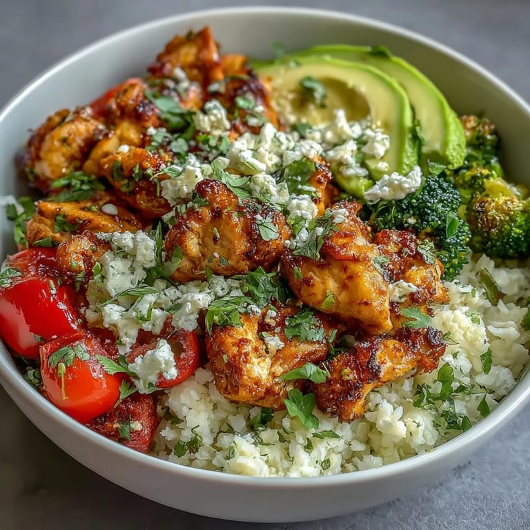 A colorful Cauliflower Rice Bowl topped with cherry tomatoes, herbs, and crumbled feta cheese.