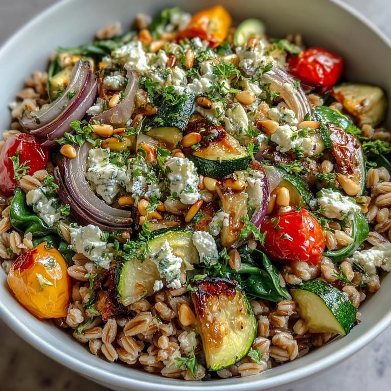 Hearty Mediterranean farro pasta bowl featuring sautéed vegetables, fresh spinach, and toasted pine nuts, served warm as a wholesome vegetarian main dish.