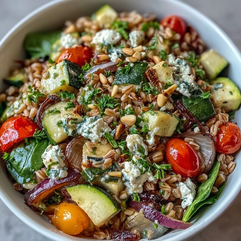 Colorful farro pasta bowl with vibrant red and yellow peppers, juicy tomatoes, and feta, garnished with parsley and pine nuts for a light dinner.