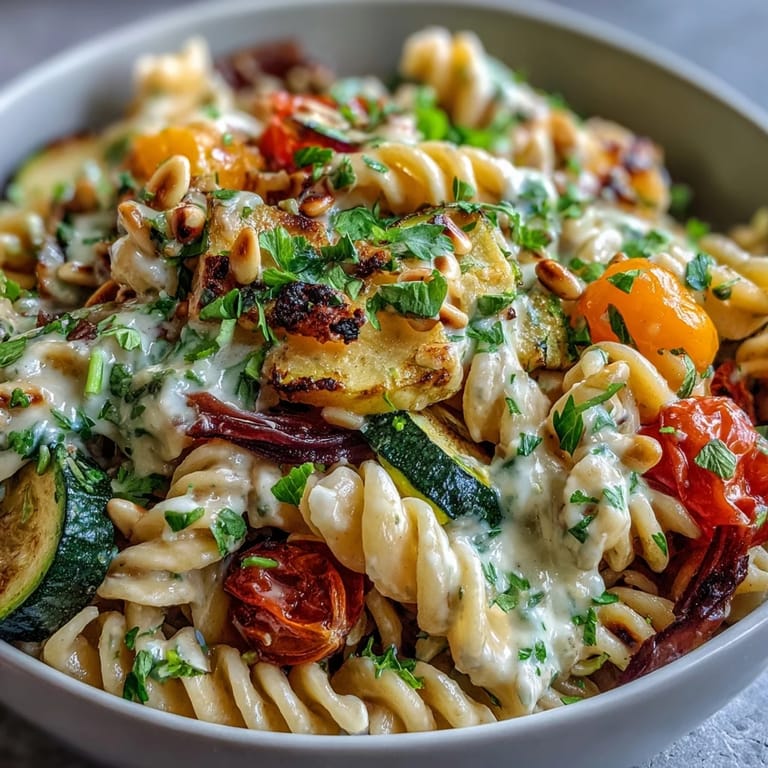 Serving suggestion for a vegetarian Whole Wheat Pasta Bowl featuring golden roasted vegetables tossed in a rich, protein-packed sauce.
